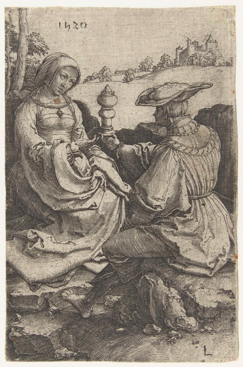 Gravura de Lucas van Leyden mostrando um nobre e uma mulher sentados em uma paisagem.