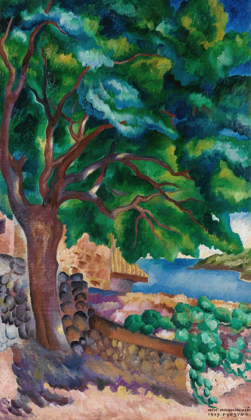 Gurzuf Landscape de Ignaty Nivinsky, óleo sobre lienzo que representa un mar vibrante y una costa.
