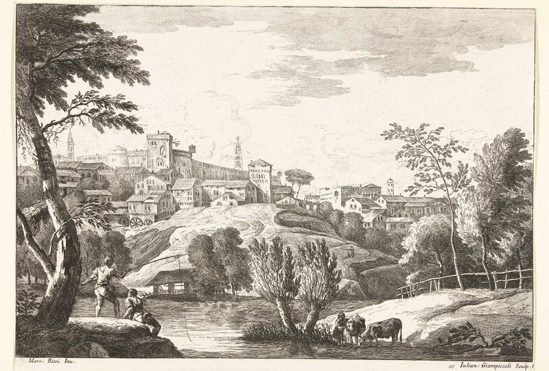 Heuvellandschap met stad en hengelaar etching by Giuliano Giampiccoli depicting a river and valley