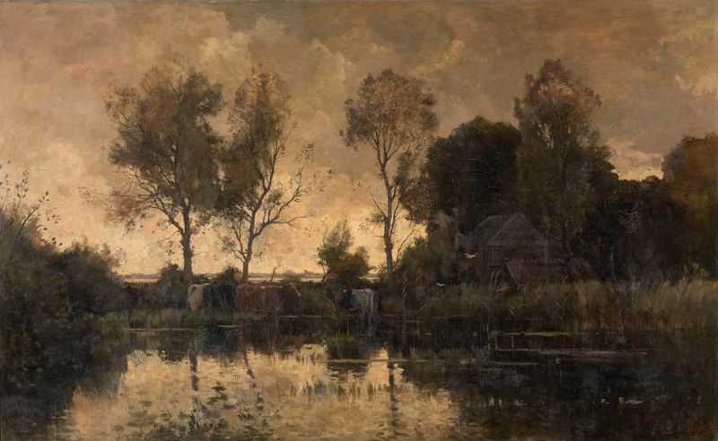 Evening by Théophile de Bock, oil on canvas depicting a serene landscape at dusk.