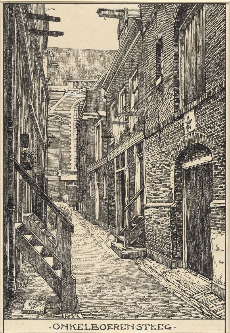 Cena de gênero retratando um beco em Amsterdã, pintura a óleo de Willem Wenckebach