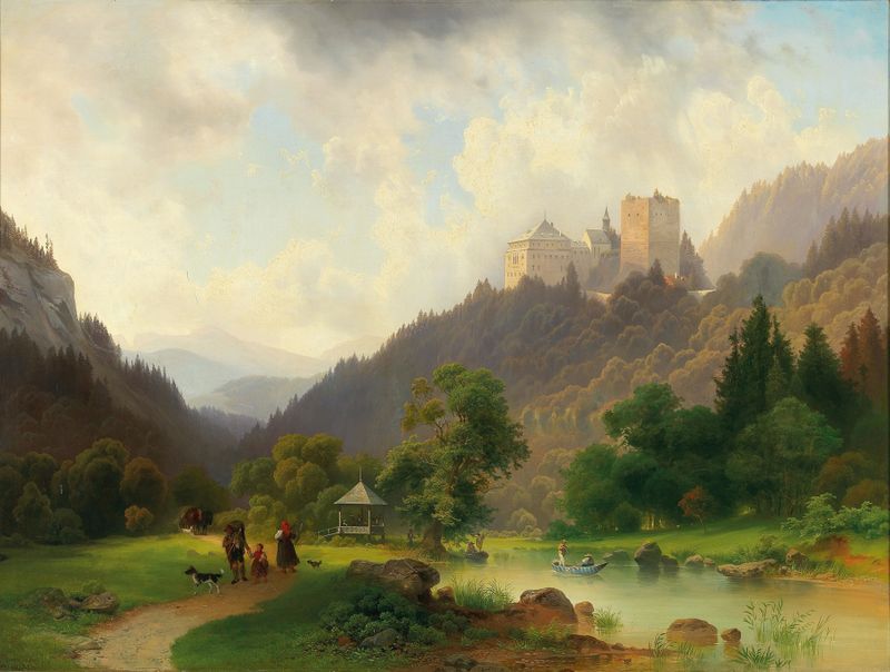 Pintura a óleo paisagística de Joseph Holzer mostrando o verão em um castelo