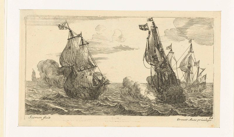 Grabado marino de Unknown Artist que representa un barco en un mar tempestuoso
