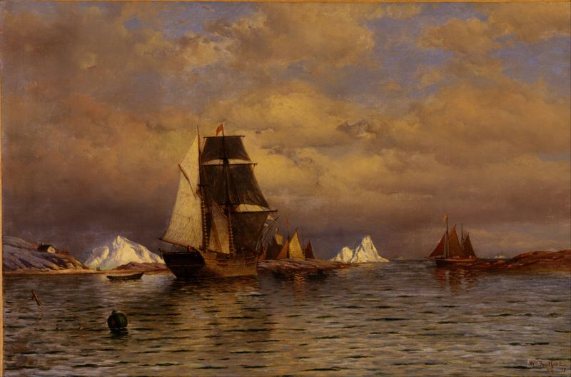 Landscape featuring a figure at Battle Harbor by William Bradford, medium unknown.