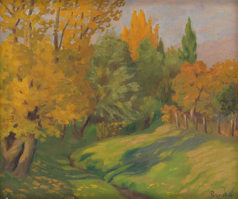 Autumn Landscape by Štefan Polkoráb, oil on canvas depicting tall trees with autumn leaves.
