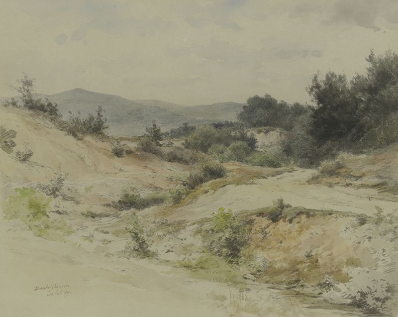 Landscape oil painting by Adolf Hoeffler featuring fields and hills under an azure sky