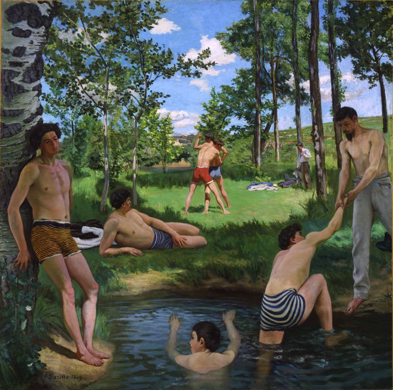 Summer Scene (Bathers) pintura al óleo de Jean Frédéric Bazille que muestra bañistas a la luz del sol