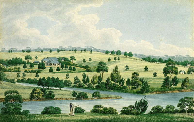Residence of John Macarthur Esq near Parramatta N.S.W. de Joseph Lycett, pintura a óleo