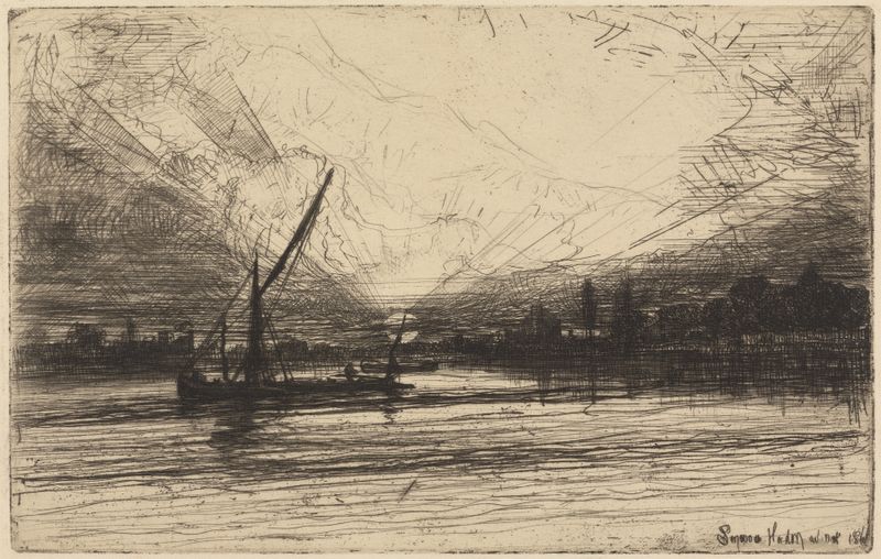Sunset on the Thames de Francis Seymour Haden, grabado que representa un río al anochecer.