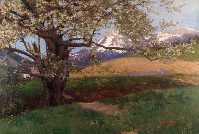 Pintura a óleo impressionista de Karl Maria Schuster com uma cerejeira em plena floração.