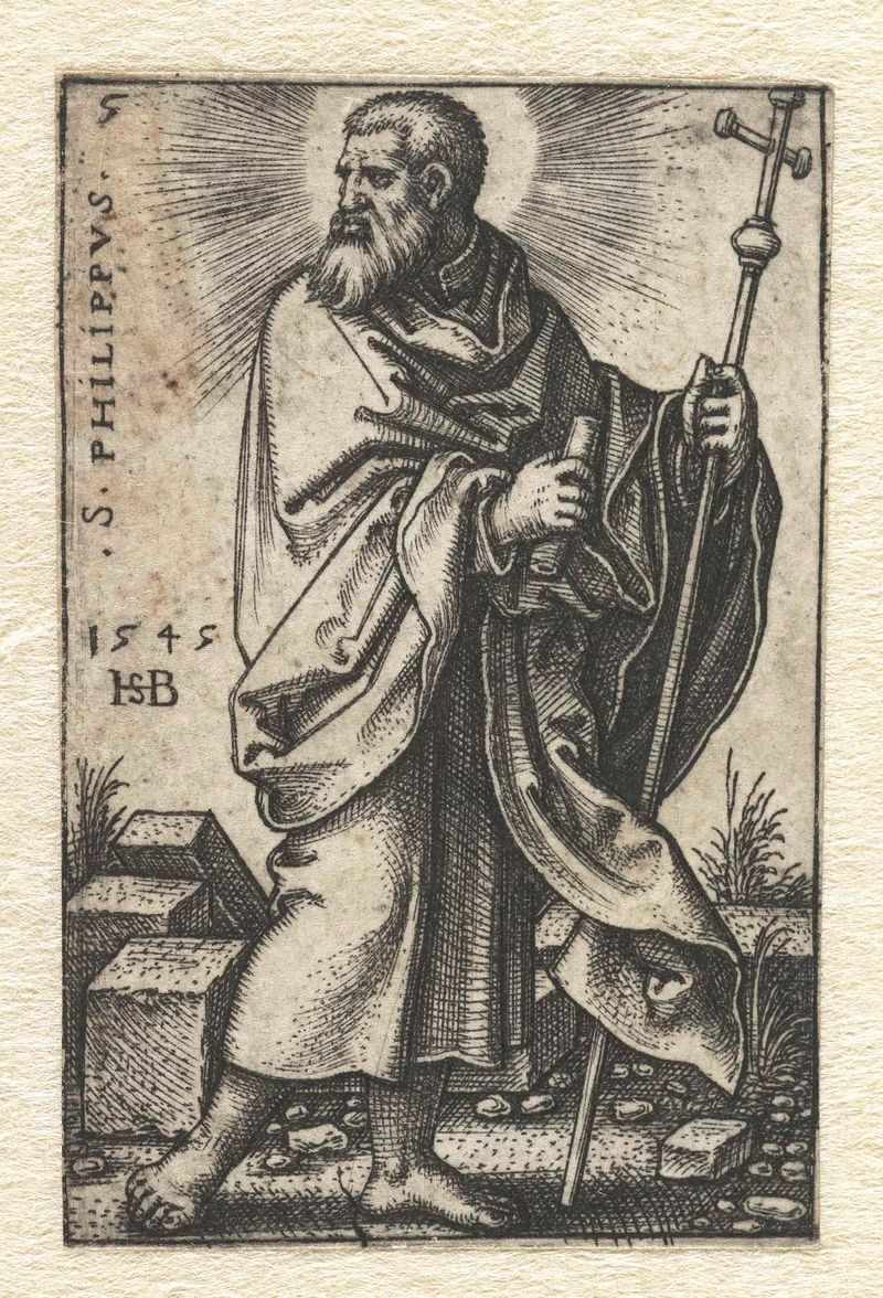 Gravura de Hans Sebald Beham retratando uma figura serena com um sorriso sutil