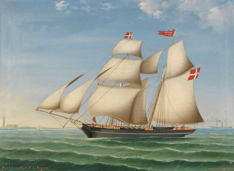 Marine oil painting by Lorenz Petersen featuring figures on a ship