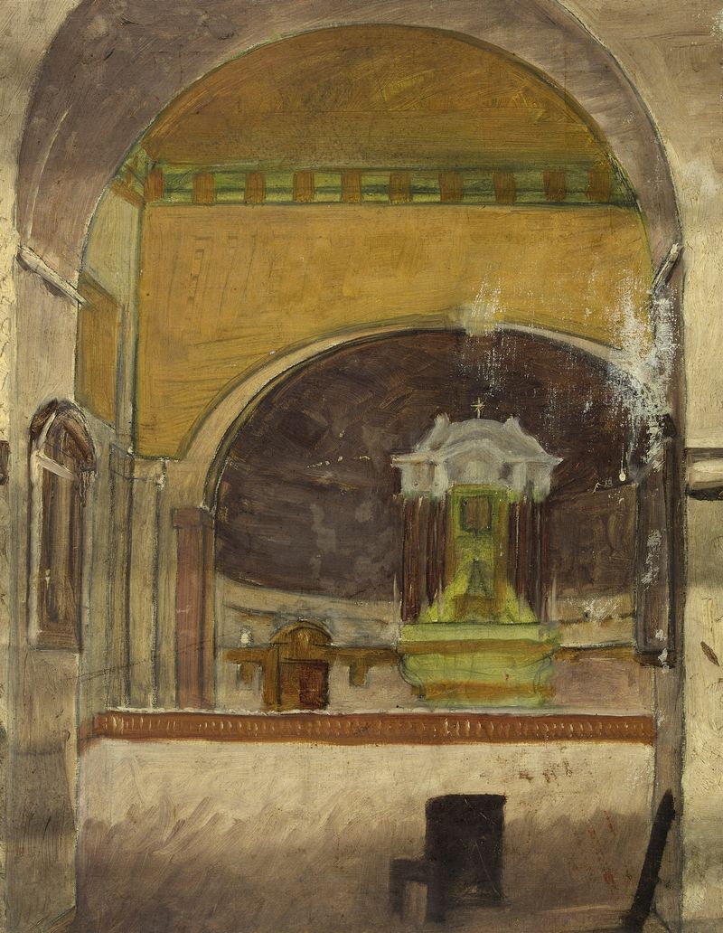 Interior of a church with stained glass by Arthur-Joseph Gueniot