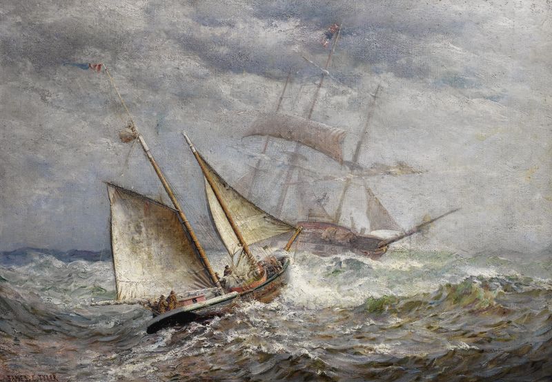 Oil painting by James Gale Tyler depicting ships at sea during sunset