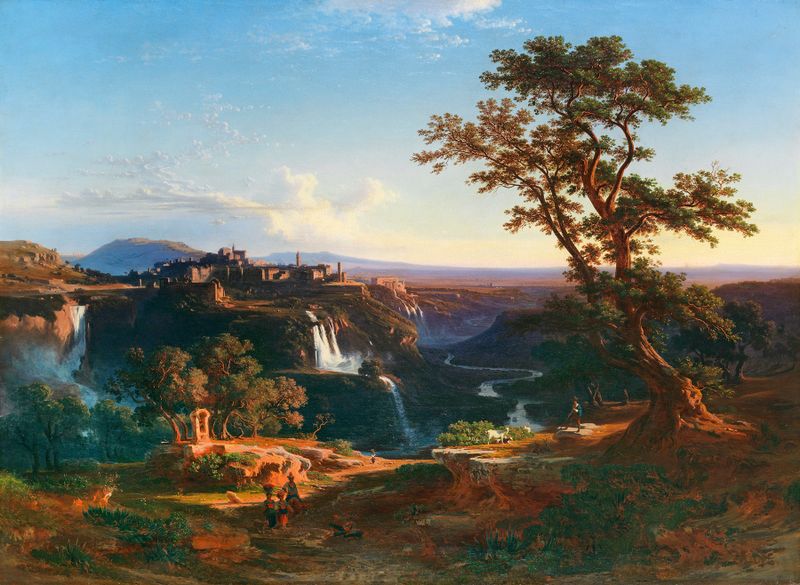 Cascading waterfall at sunset, oil on canvas by Johann Jakob Frey