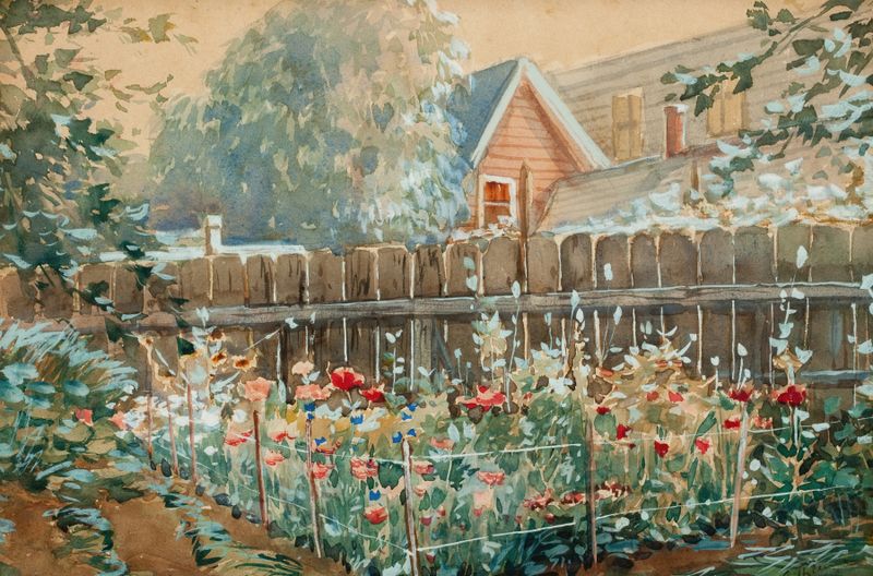 Floral Garden by Anthony Thieme, oil painting depicting a vibrant garden with flowers and a blue sky