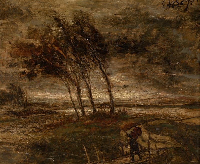 Storm Landscape de Willem Linnig the Younger, óleo que representa un cielo turbulento y horizonte.