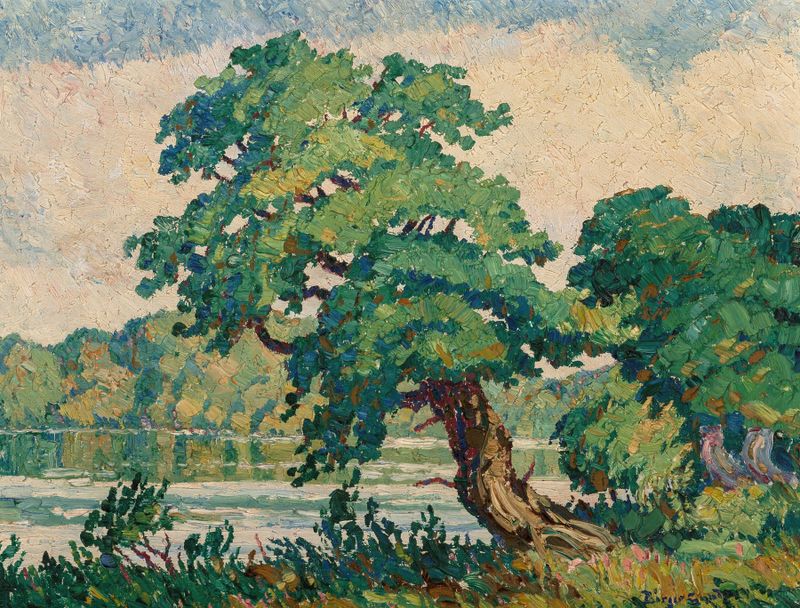 Little Arkansas River by Birger Sandzén, oil on canvas depicting a serene river landscape