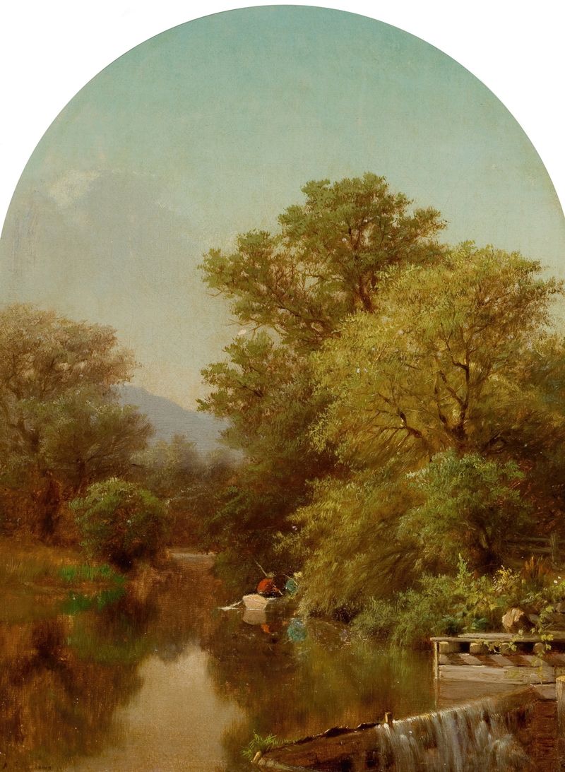 River Landscape by Albert Fitch Bellows, oil painting depicting a serene river meeting the sky.