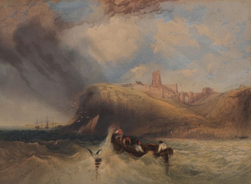 Seascape de Charles Bentley, óleo sobre lienzo que representa olas y cielo.