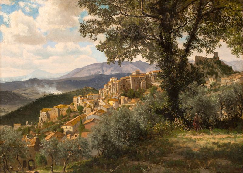 Olevano de Albert Bierstadt, pintura al óleo que representa un valle tranquilo con montañas.
