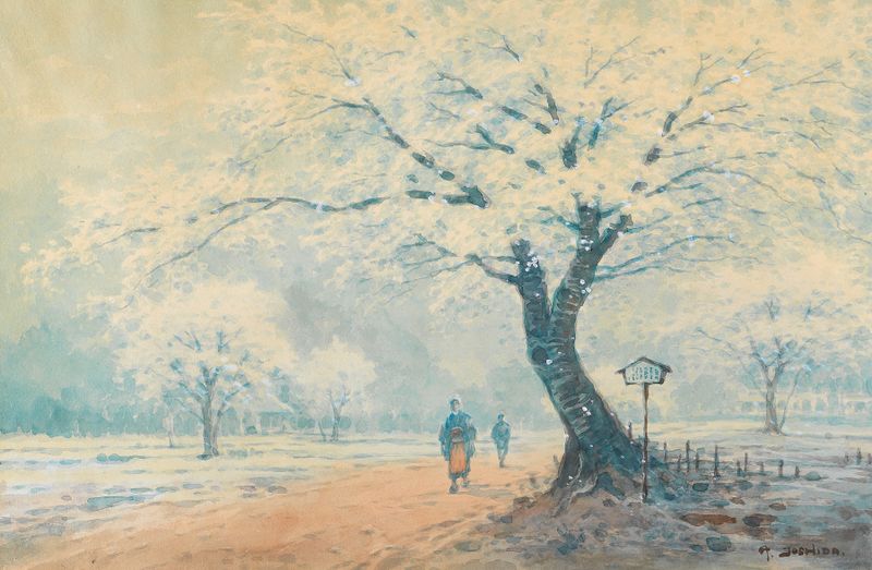 Ukiyo-e de Hiroshi Yoshida que representa un paisaje con cerezos y figuras