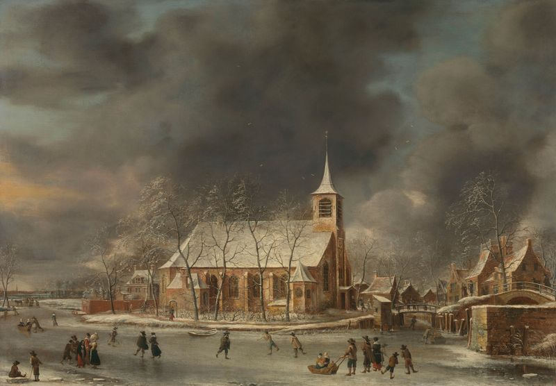 Winter landscape featuring the Church of Sloten by Jan Abrahamsz Beerstraaten, oil painting