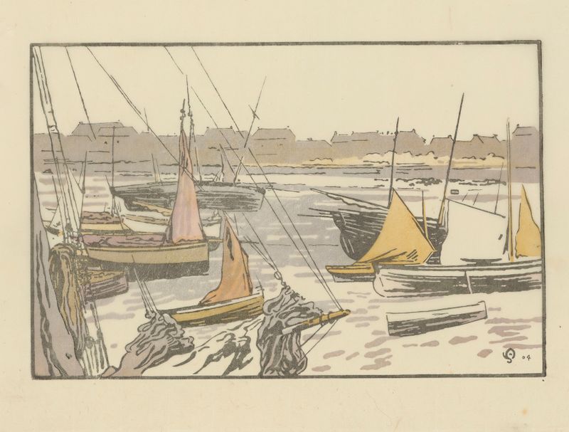 Oil painting by Amédée Joyau depicting sails drying at sunset in Roscoff.