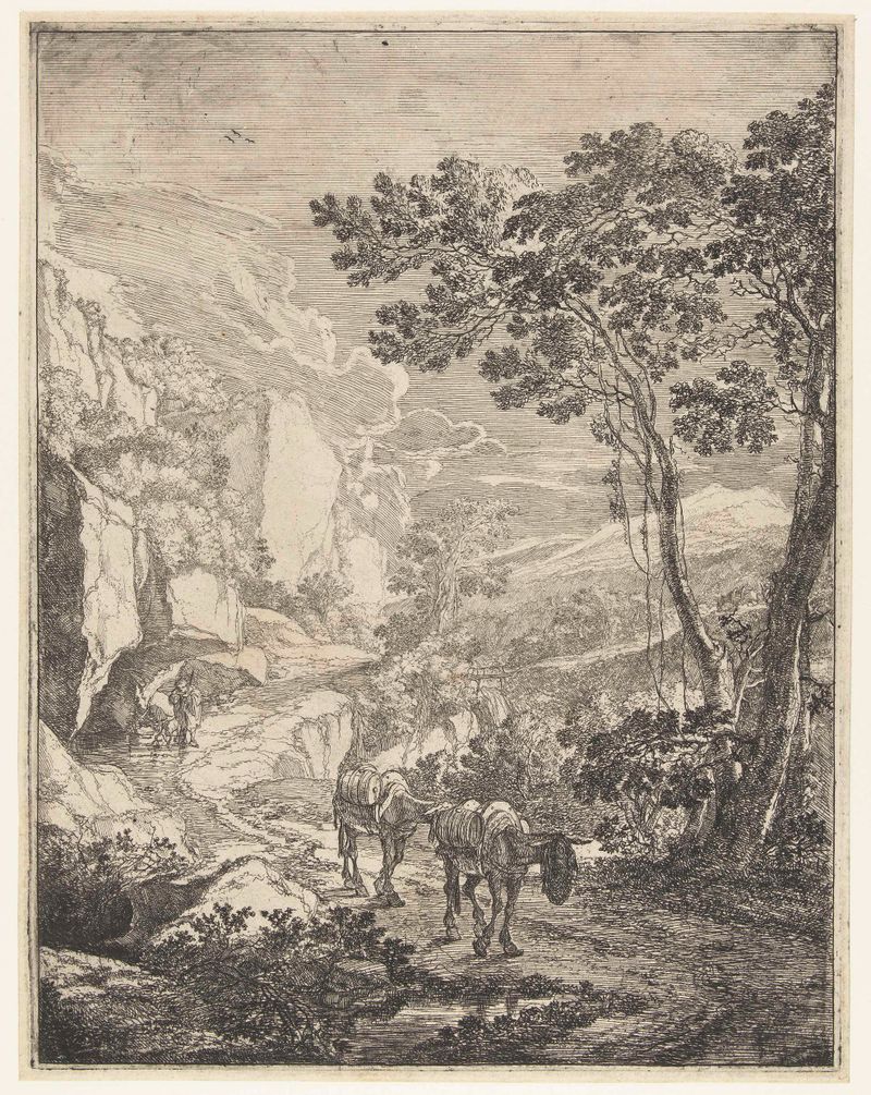 Paisagem com dois mulos perto de Rocca Aquatico de Jan Both, gravura