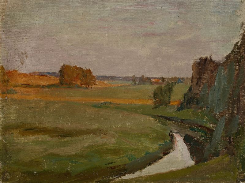Evening de Jan Ciągliński, óleo sobre lienzo que representa un paisaje crepuscular tranquilo.