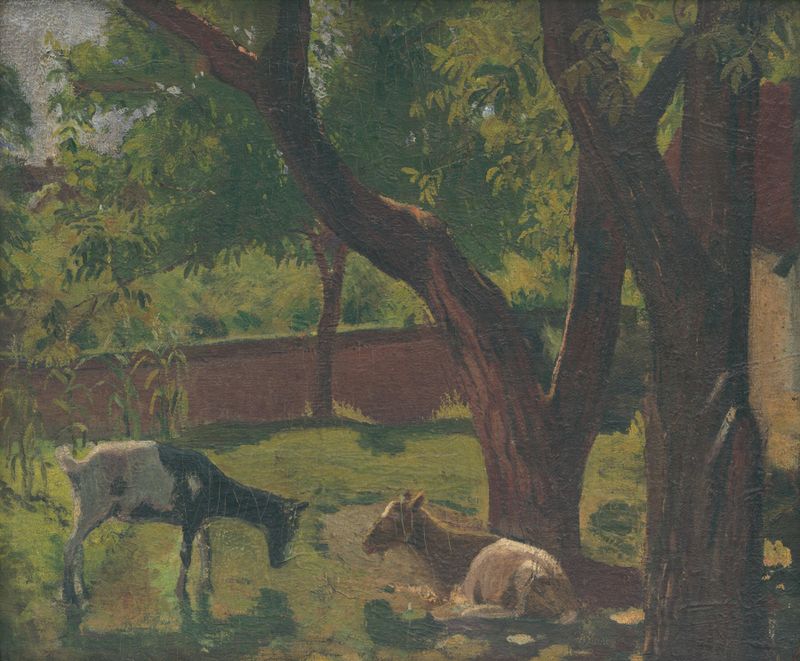 Záhrada s kozami Ján, óleo sobre lienzo de Ján Thain que representa un jardín sereno con cabras.