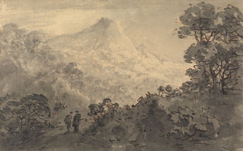 Snowdon by William Gilpin, a landscape in oil depicting a mountain surrounded by greenery.