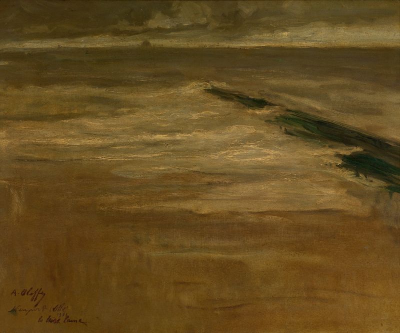 Marine scene with sunlight reflecting on water, Breakwater at Nieuwpoort by Auguste Oleffe, oil painting