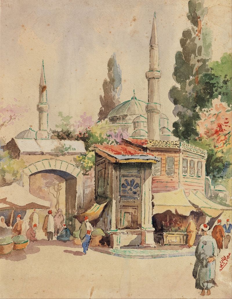 Obra figurativa de Abdul Qadir Al-Rassam, 1901, con colores vibrantes y figuras dinámicas.