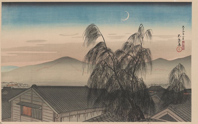 Evening moon at Kobe by Hashiguchi Goyō, Ukiyo-e, depicting rooftops under moonlight.
