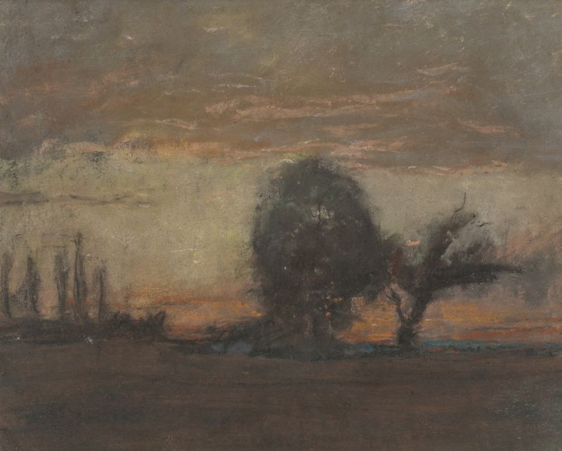Evening Landscape de Joseph Frank Currier, pintura al óleo que representa un paisaje tranquilo al atardecer.