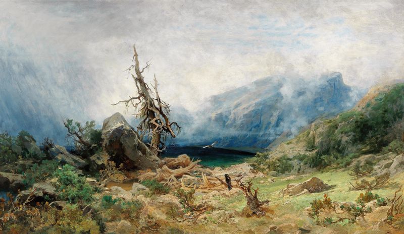 Landscape with rolling hills and clouds, oil painting by Julius Eduard Mařák