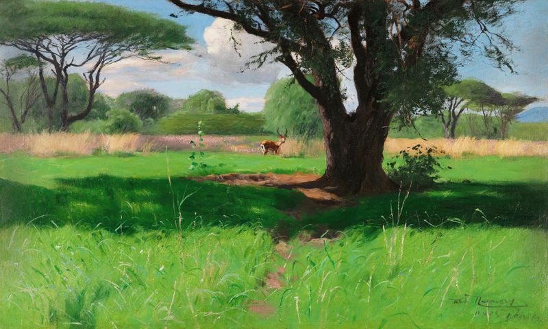 Realism painting of a lioness in the savanna by Wilhelm Kuhnert