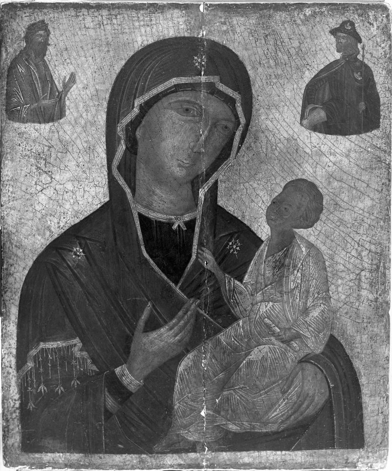 Pintura em madeira renascentista de um artista não identificado representando Madonna, Criança, São João Batista e São Roque