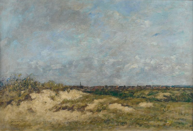 Escena marina con olas rompientes y cielo turbulento, pintura al óleo de Eugène Boudin