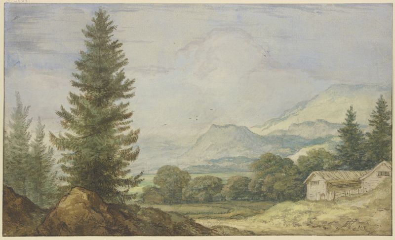Landscape with tall fir trees and two huts, oil painting by Allaert van Everdingen