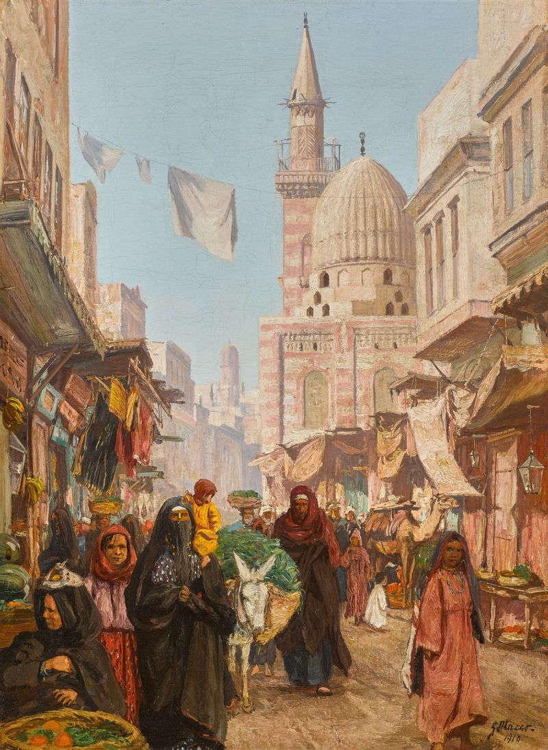 Escena de género que representa el mercado de Khan el-Khalili, pintura al óleo de Georg Macco