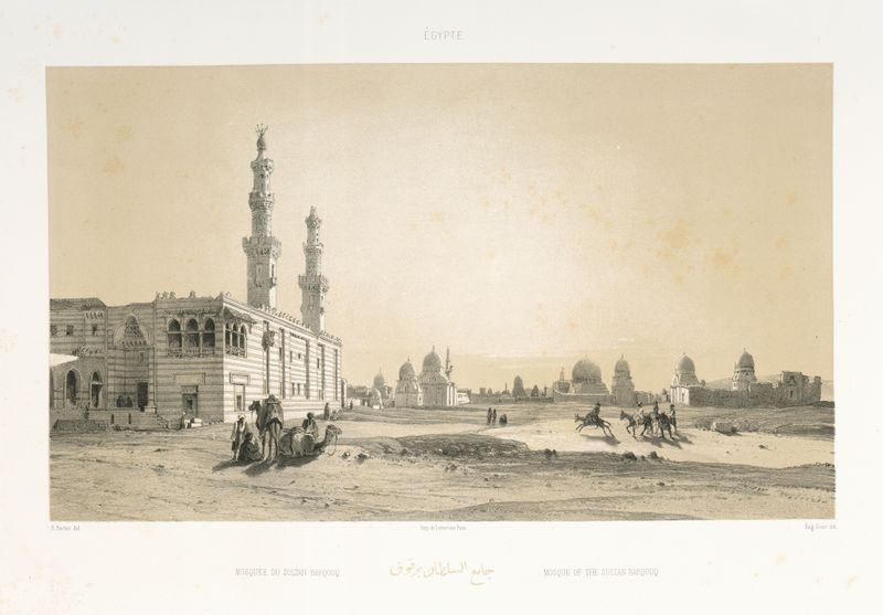 Mosquée du Sultan Barqouq by Prosper Barbot, ink on paper, depicting a grand mosque with domes and minarets.