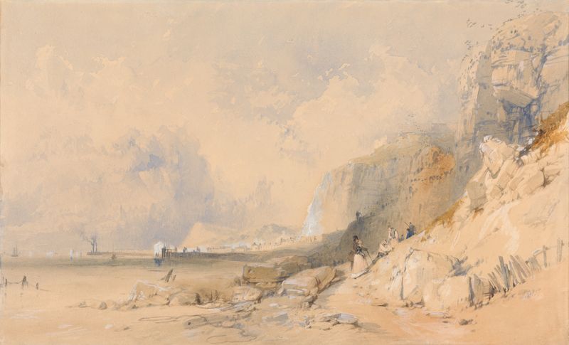 Landscape with figures on a cliff path, oil painting by James Baker Pyne