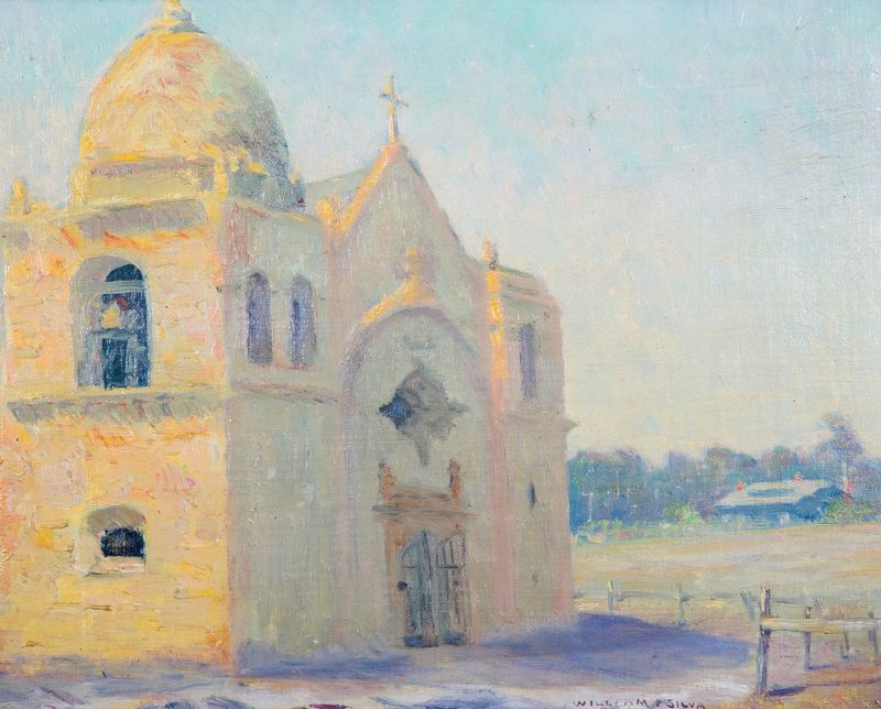 Carmel Mission by William Posey Silva, oil on canvas depicting architecture and light.