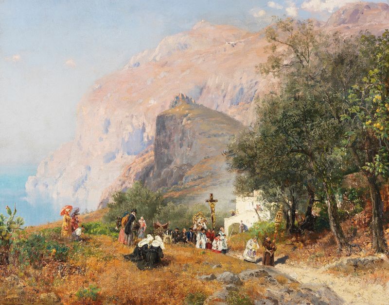 Genre scene depicting a procession on Capri, oil painting by Carl Wuttke