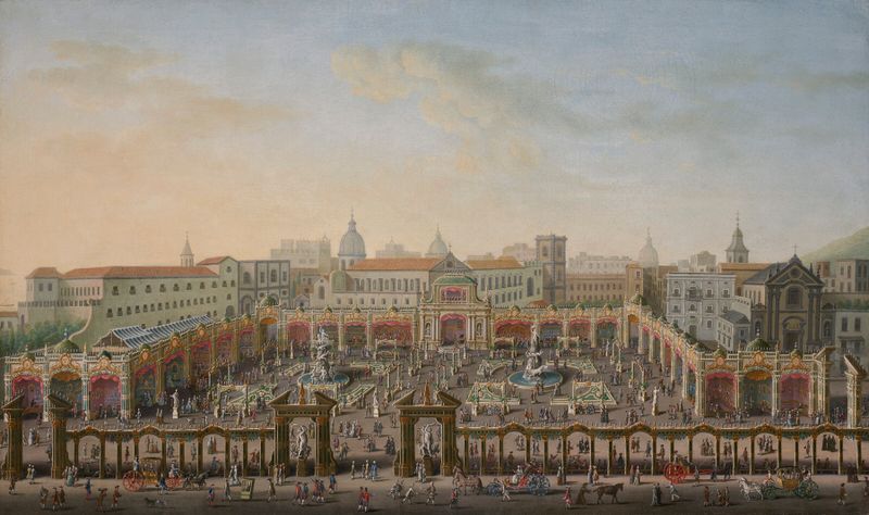 Rococo genre scene by Antonio Joli, depicting a fair from a balcony of the Palazzo Reale.