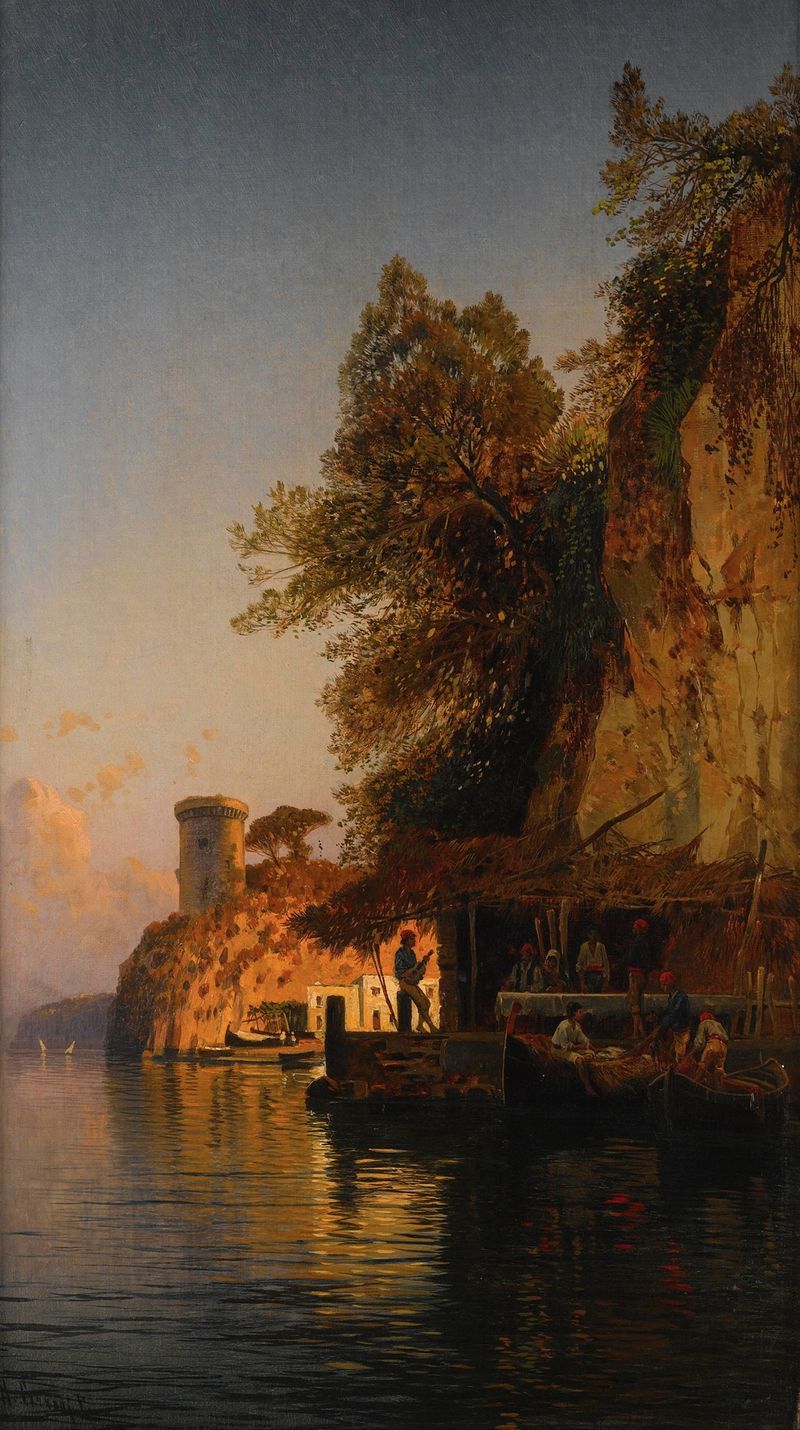 Marine scene with waves and sunlight by Hermann David Salomon Corrodi, oil painting