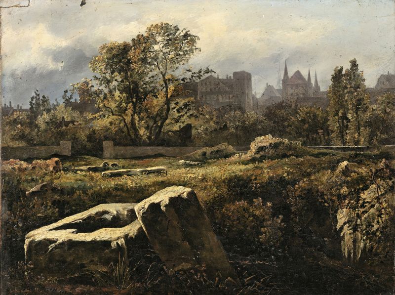 Paisagem de um cemitério com lápides de John Dalton, 1829
