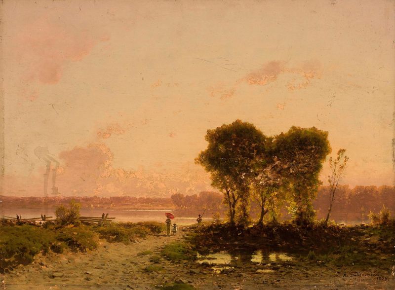 Landscape with a river at sunset, oil on canvas by Aleksander Swieszewski
